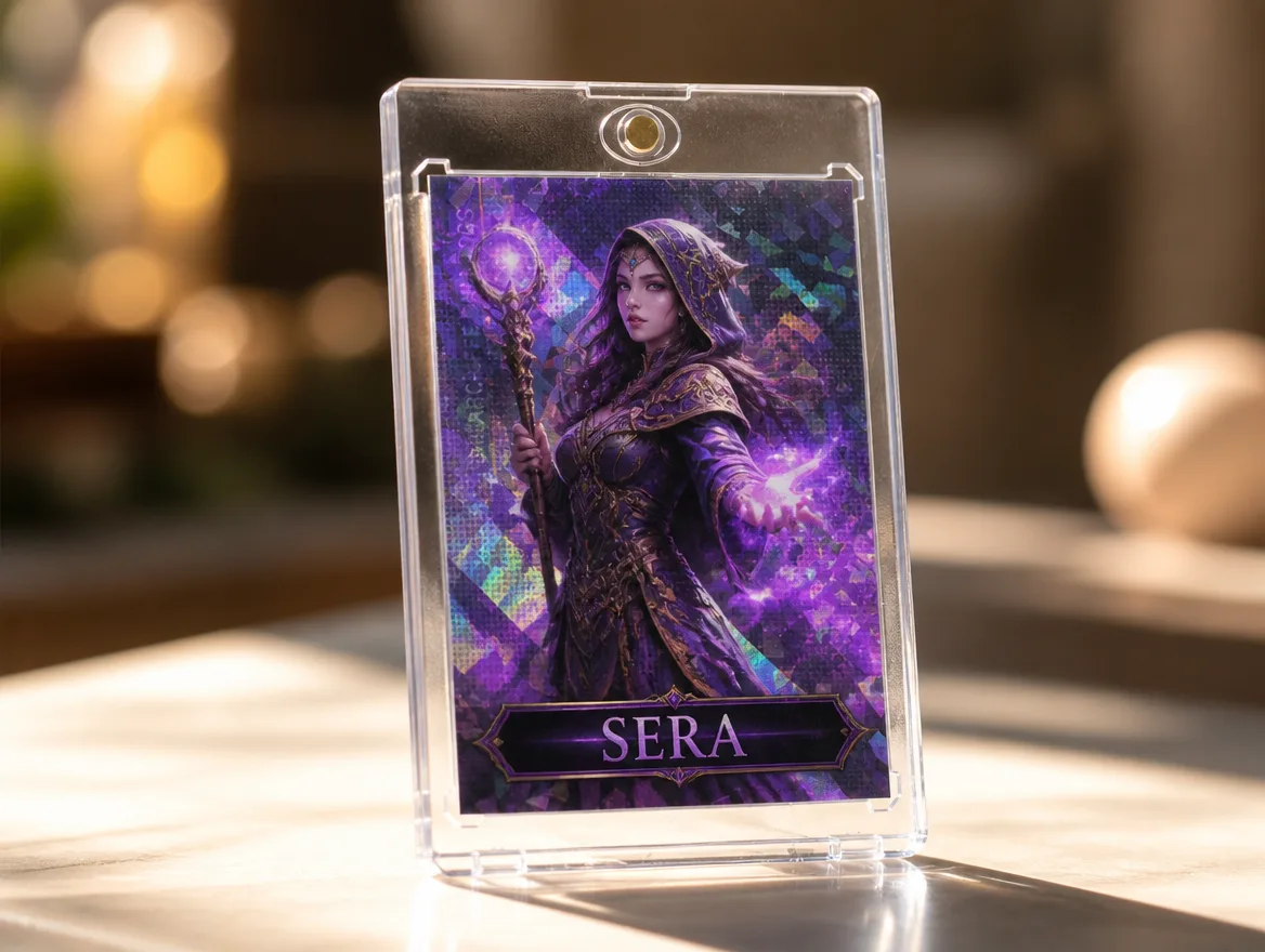Custom fantasy trading card standing in a premium magnetic case