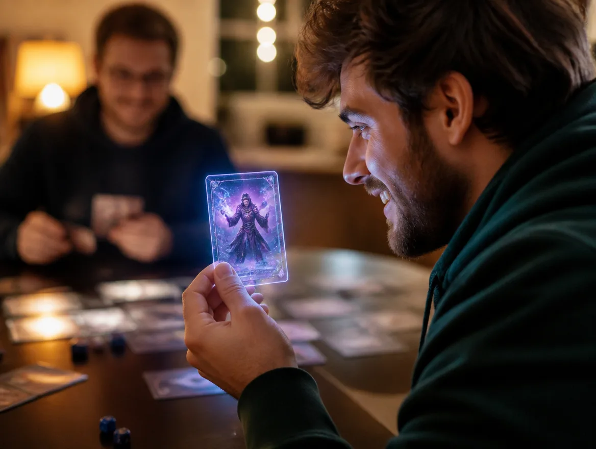 Player examining a glowing custom fantasy trading card