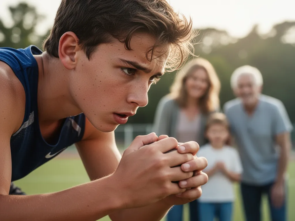 Young athlete showing intense concentration during outdoor sports competition