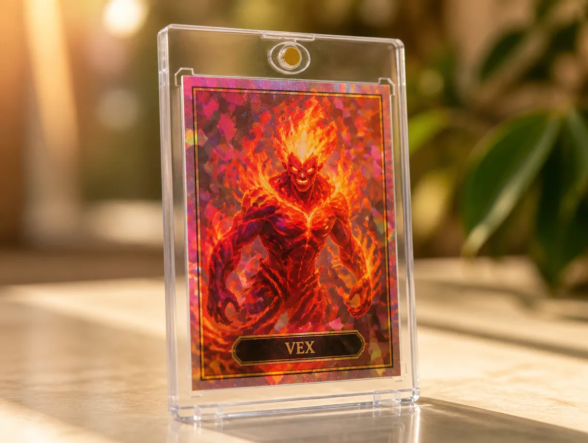 Custom fantasy trading card standing in a premium magnetic case