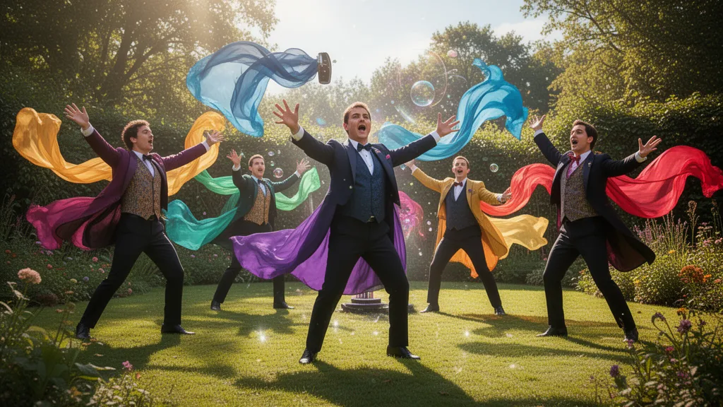 Magicians performing dynamic illusion tricks outdoors with flowing fabrics and natural sunlight