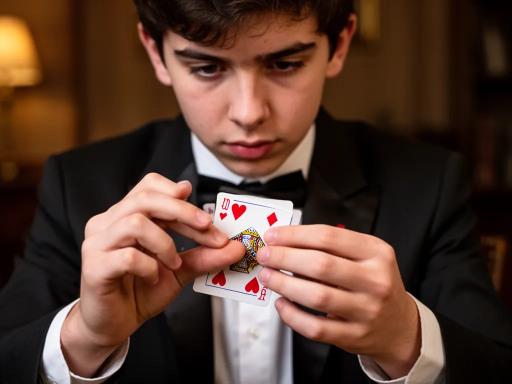 Young magician's hands performing detailed card trick with focused concentration and emotion
