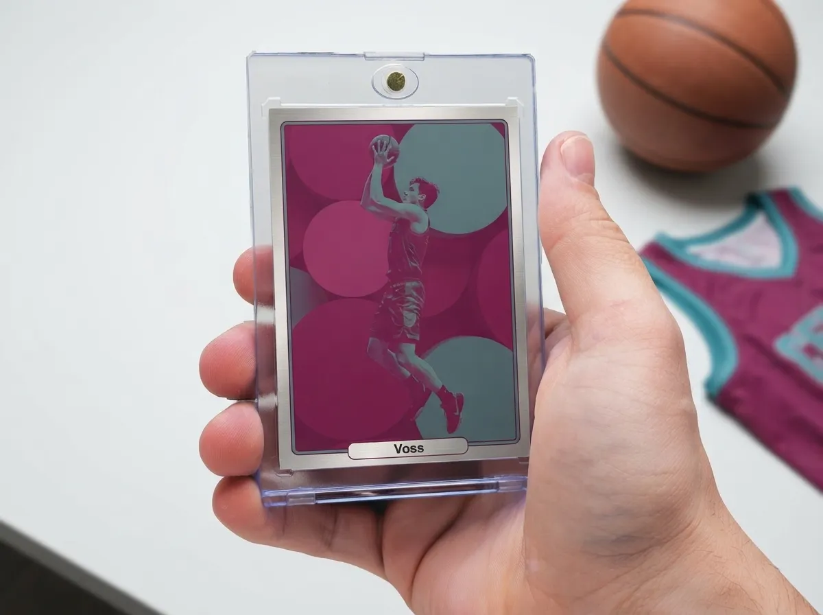 Close-up of premium card stock trading card displayed inside a free magnetic protective case on a wooden shelf