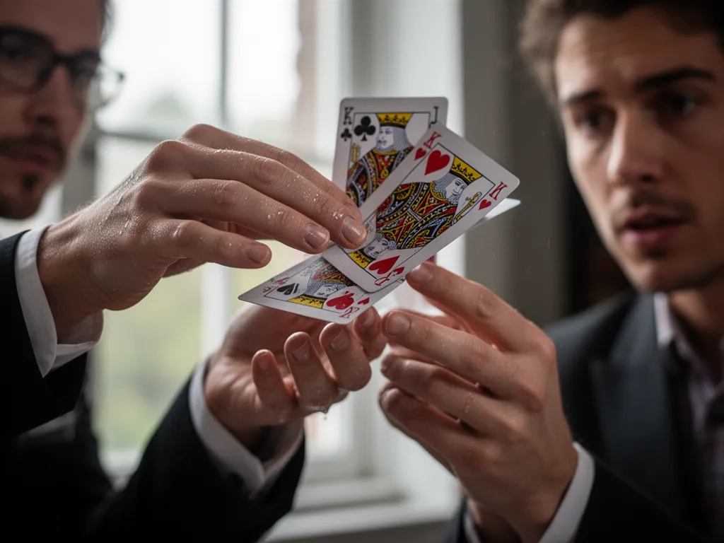 Detailed close-up of magician's hands performing card manipulation with observer's face visible in soft lighting.