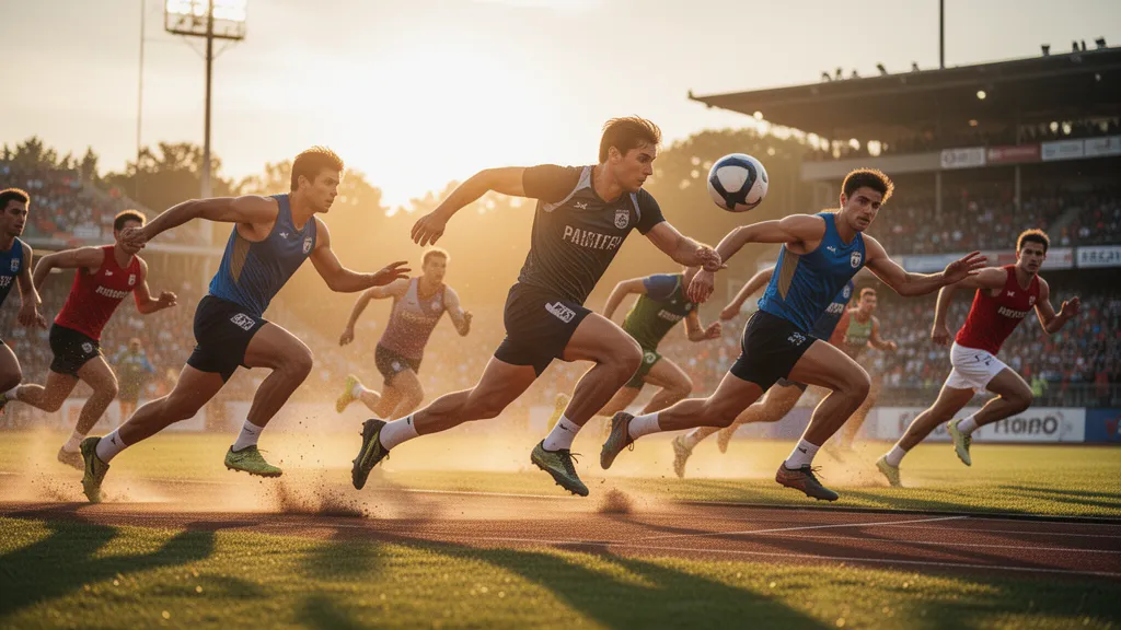 Athletes in motion competing outdoors during dynamic sports action with natural lighting