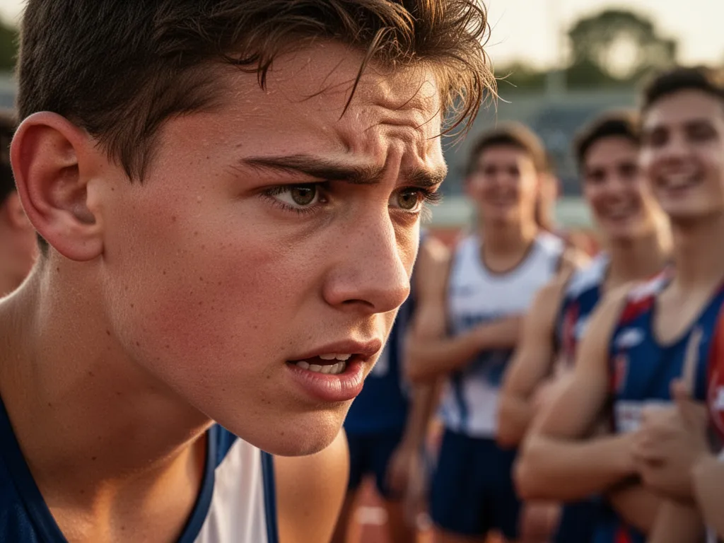 Young athlete's determined expression during competition with supportive teammates visible nearby