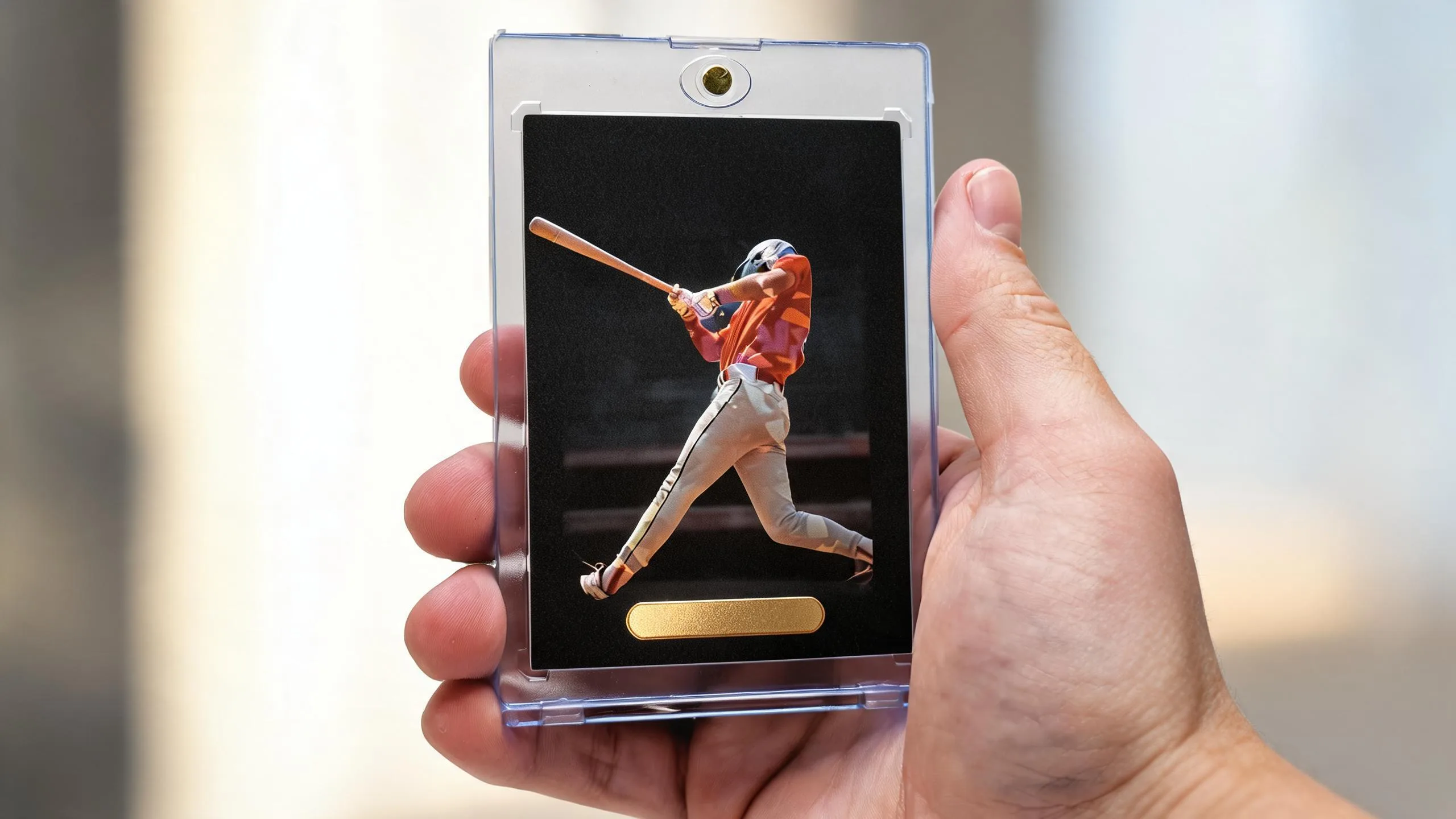 Hand holding magnetic case with premium dark-foil card, magic proxy generator custom keepsake design.