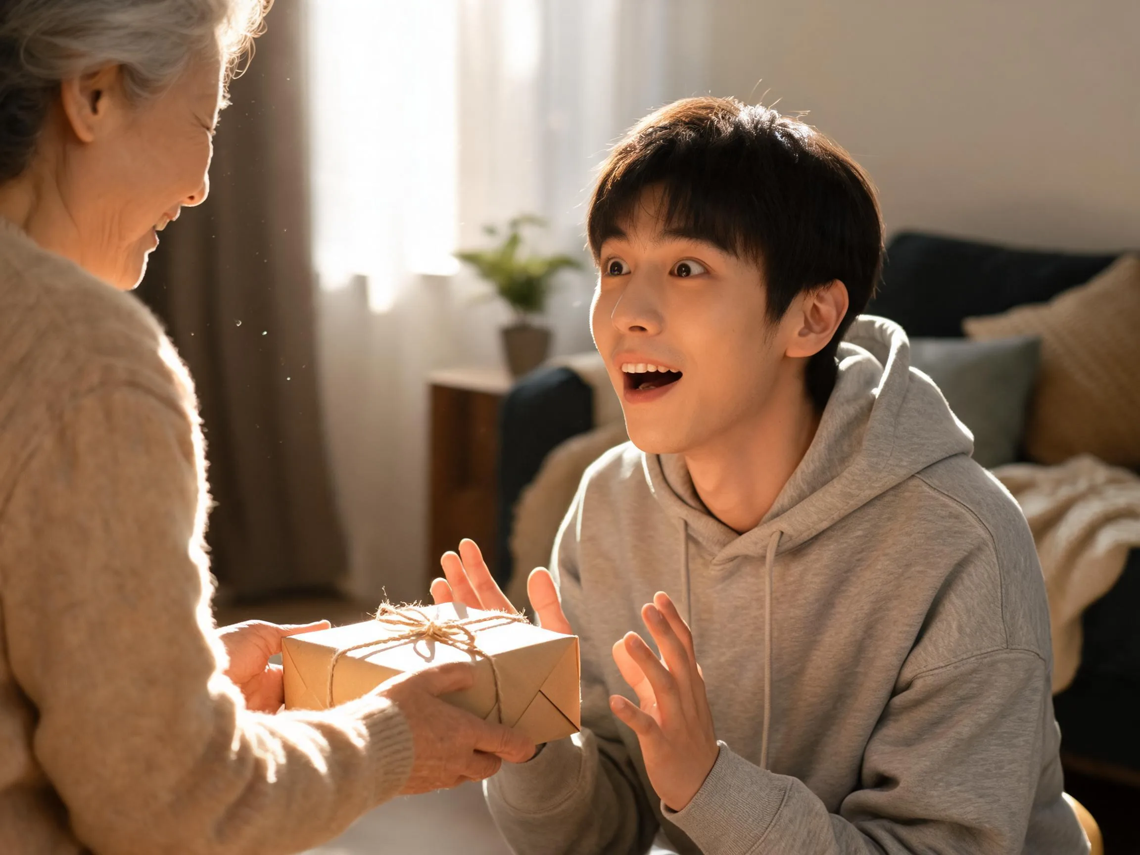 Person reacting with genuine surprise while being handed an unexpected gift indoors.