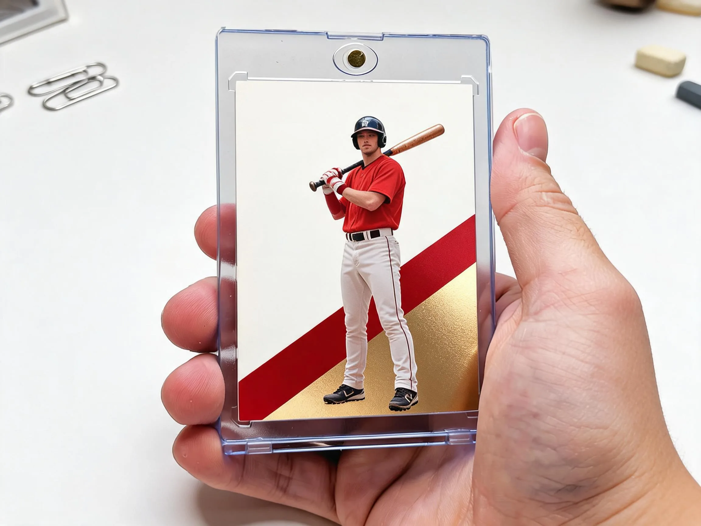 Custom keepsake trading card in magnetic case with diagonal metallic color band design.