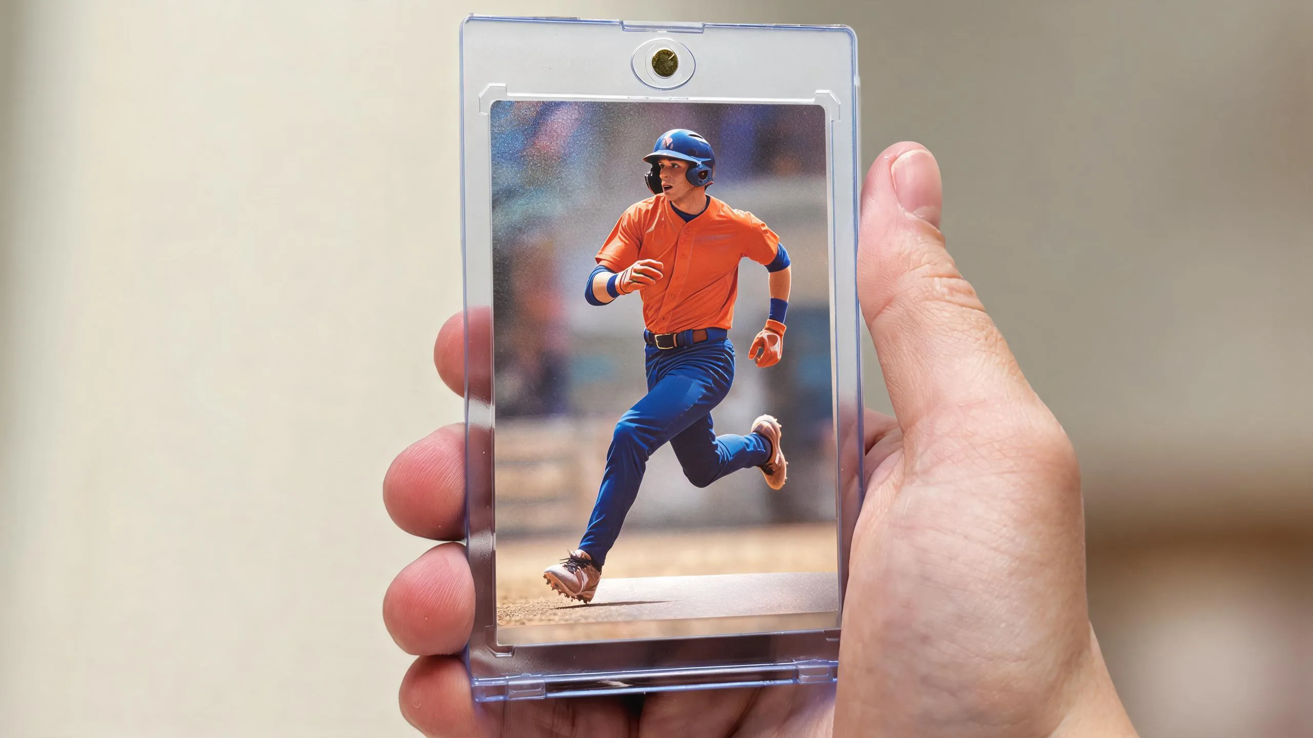 Hand holding magic proxy maker card in magnetic case, athlete design with chrome foil bar.