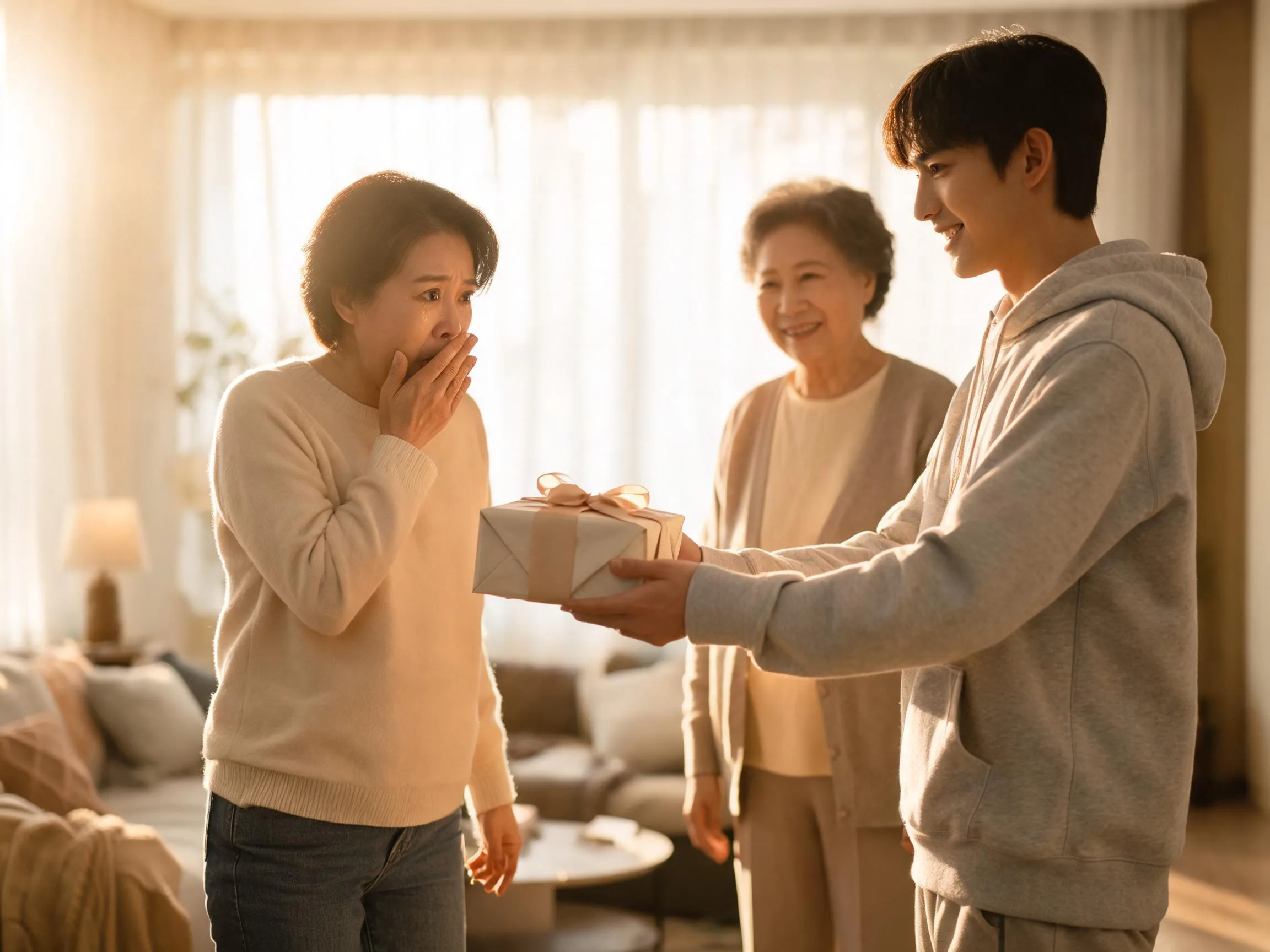 Person reacting with surprise and joy while being handed an unexpected wrapped gift indoors.