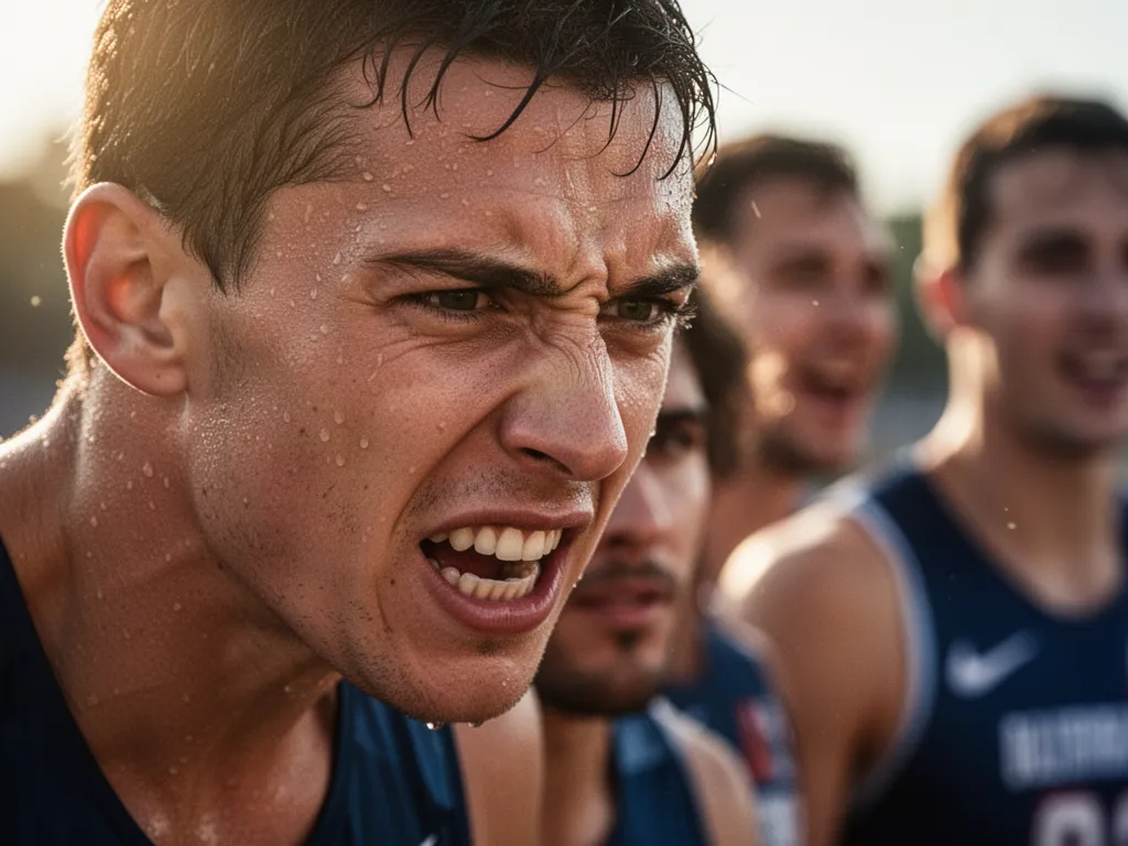 Athlete's focused face during competition showing determination, sweat, and competitive intensity