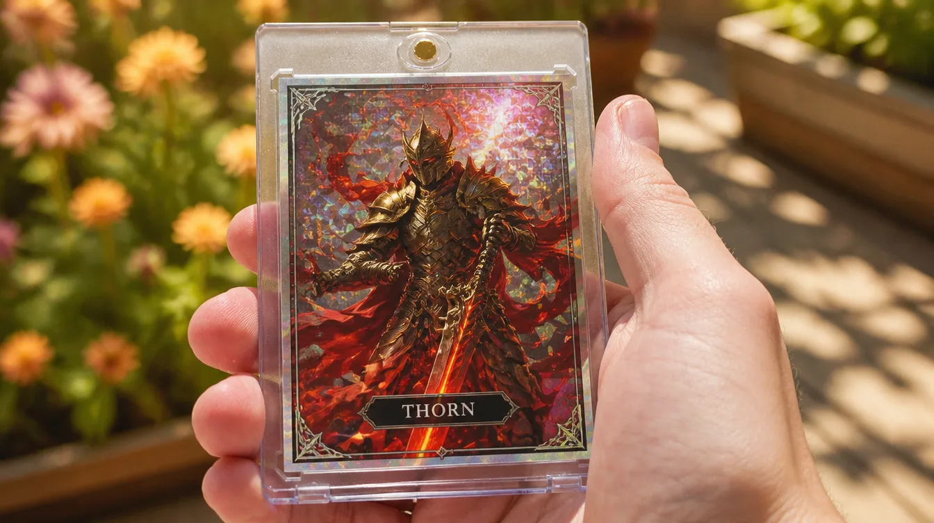 Custom fantasy trading card made with a Magic the Gathering card creator online, in a magnetic case