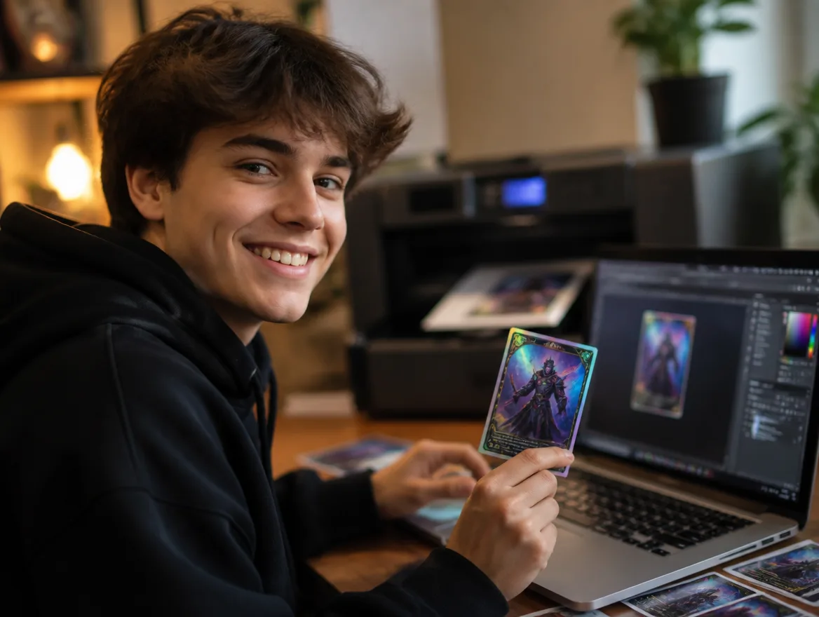 Person at a laptop holding a freshly printed custom fantasy trading card