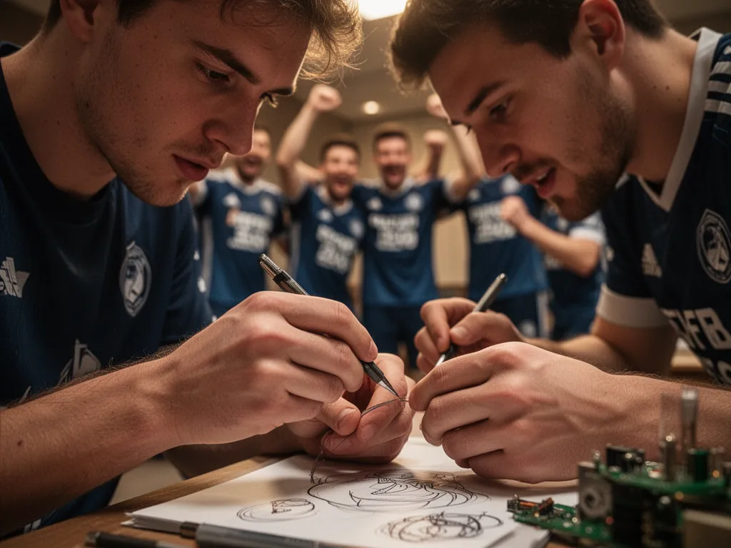 Player's hands crafting designs with concentrated expression while teammates celebrate in background