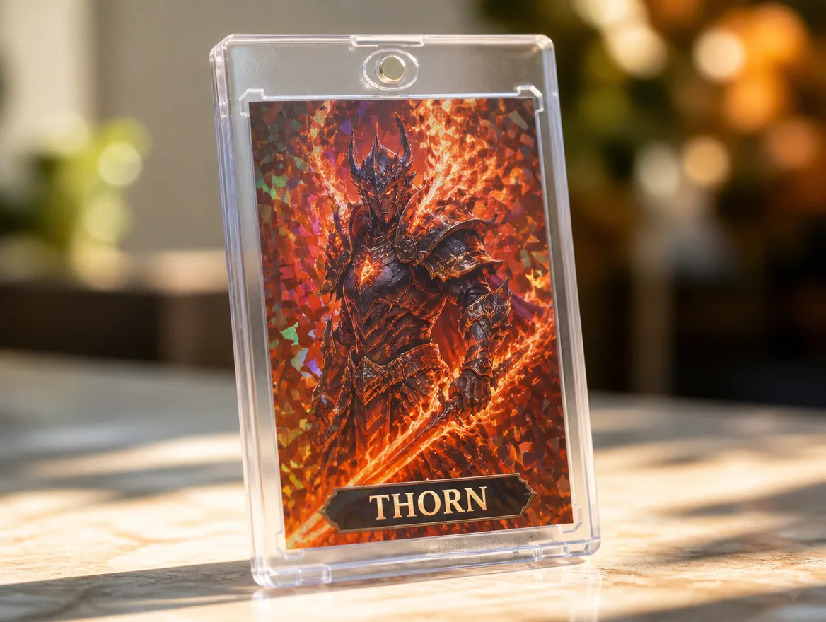 Custom fantasy trading card standing in a premium clear magnetic display case