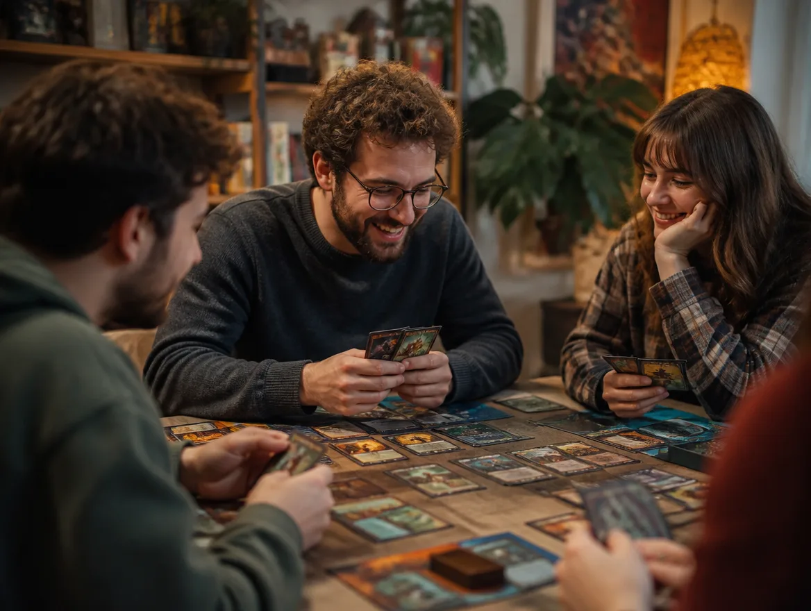 Friends playing a custom fantasy trading card game at a table