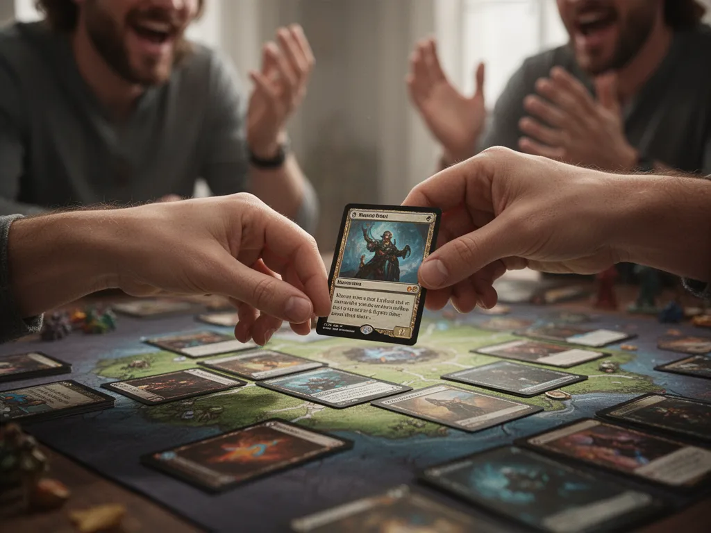 [Close-up of hands playing Magic card during strategic gameplay moment with opponent in background]