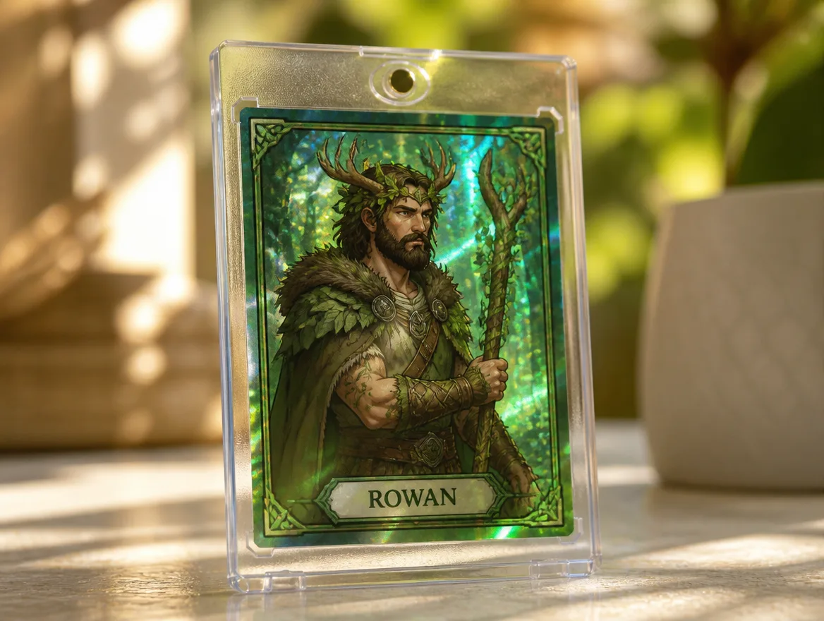 Custom fantasy trading card standing in a premium magnetic case