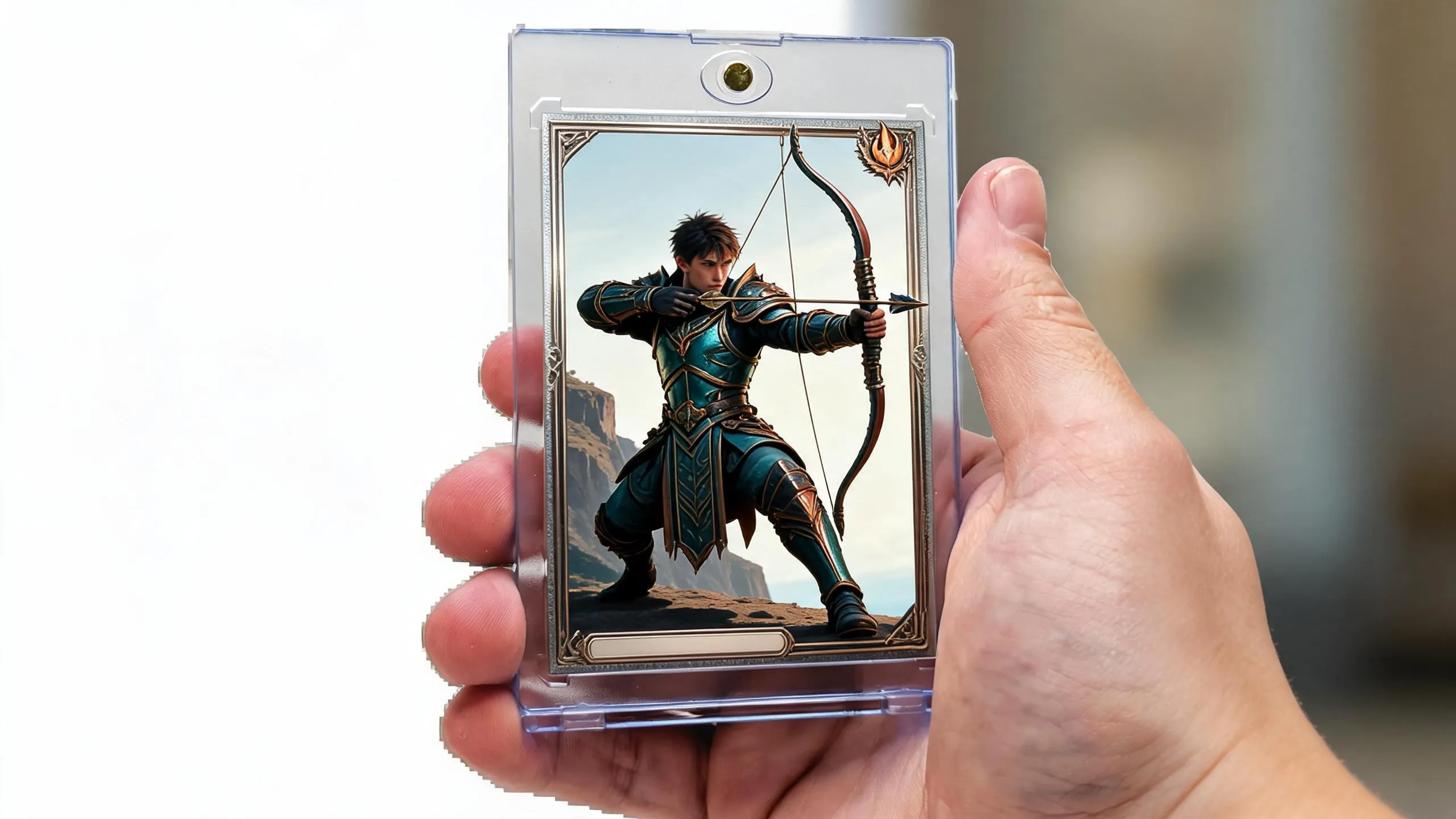Hand holding magnetic case with magic the gathering card design showing painted archer illustration