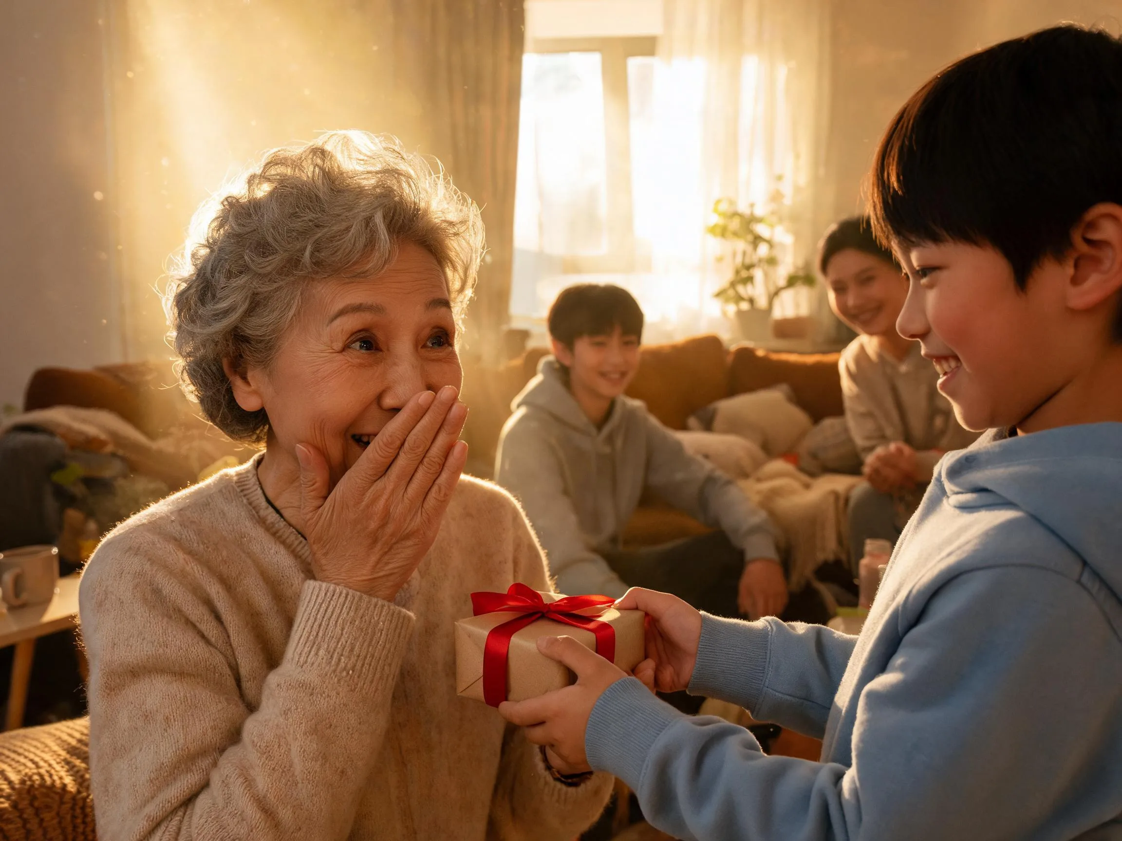Grandmother reacting with joyful surprise as child hands her an unexpected wrapped gift