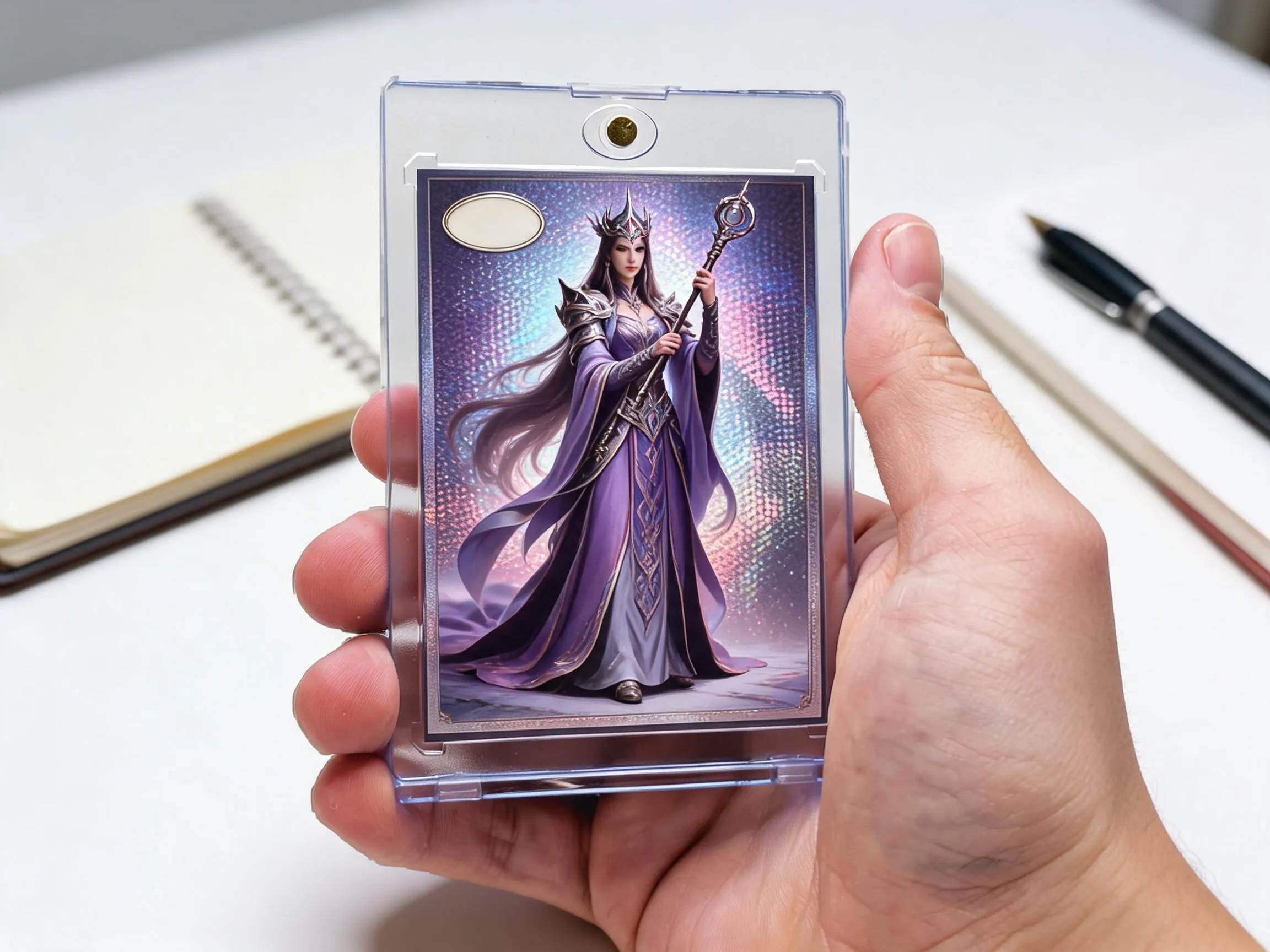 Custom keepsake trading card of sorceress artwork displayed in clear magnetic case