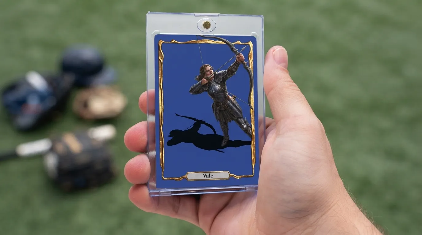 Hand holding magnetic case with magic the gathering card maker archer card, foil nameplate visible.