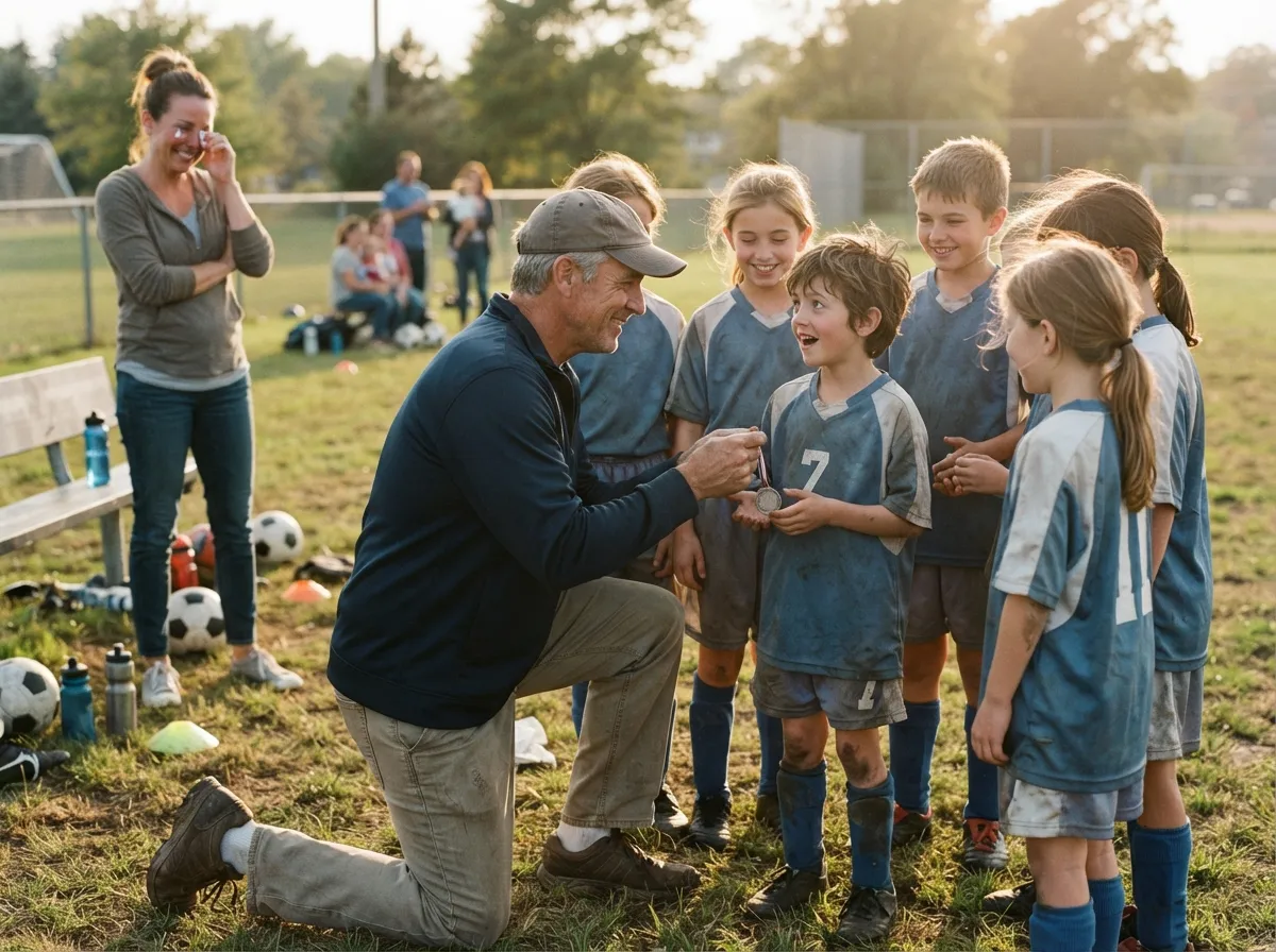 Coach shares a proud emotional moment with young athlete and teammates on sunlit field.