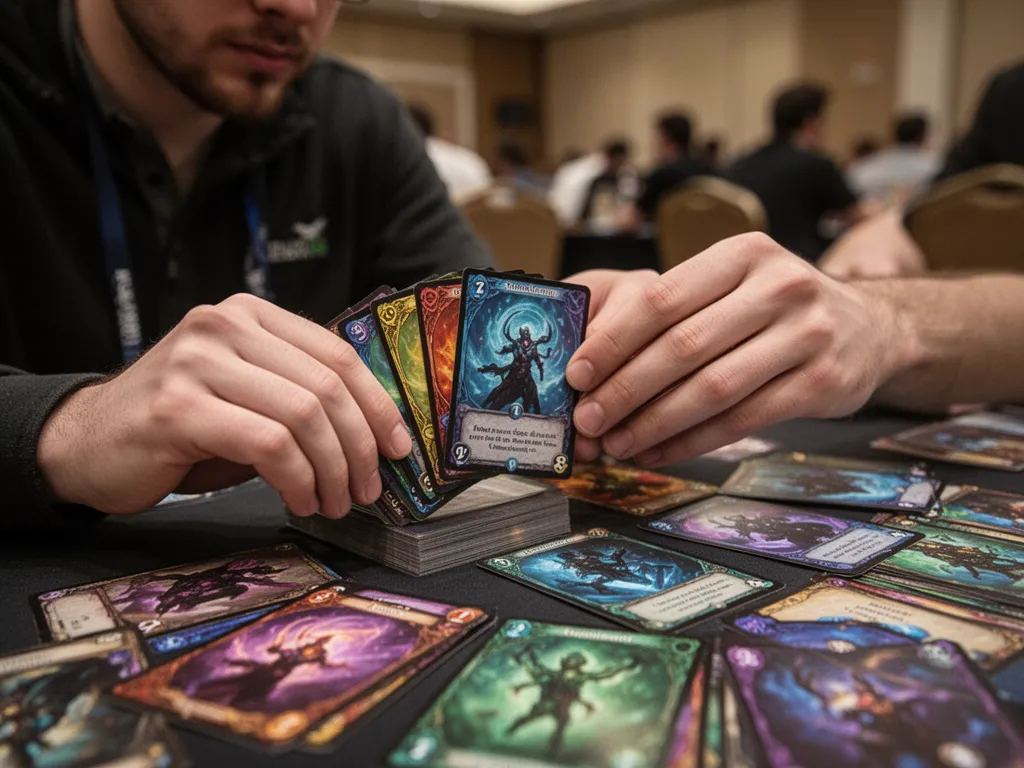 Close-up of player hands organizing Magic cards with focused intensity and passion
