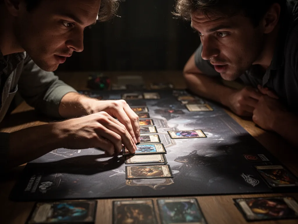 [Player's hands placing card on playmat during tense Magic The Gathering match moment]