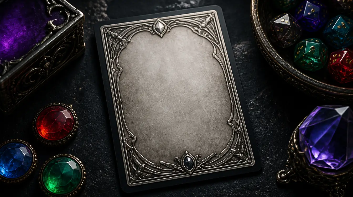 A blank fantasy trading card with an ornate silver frame beside dice