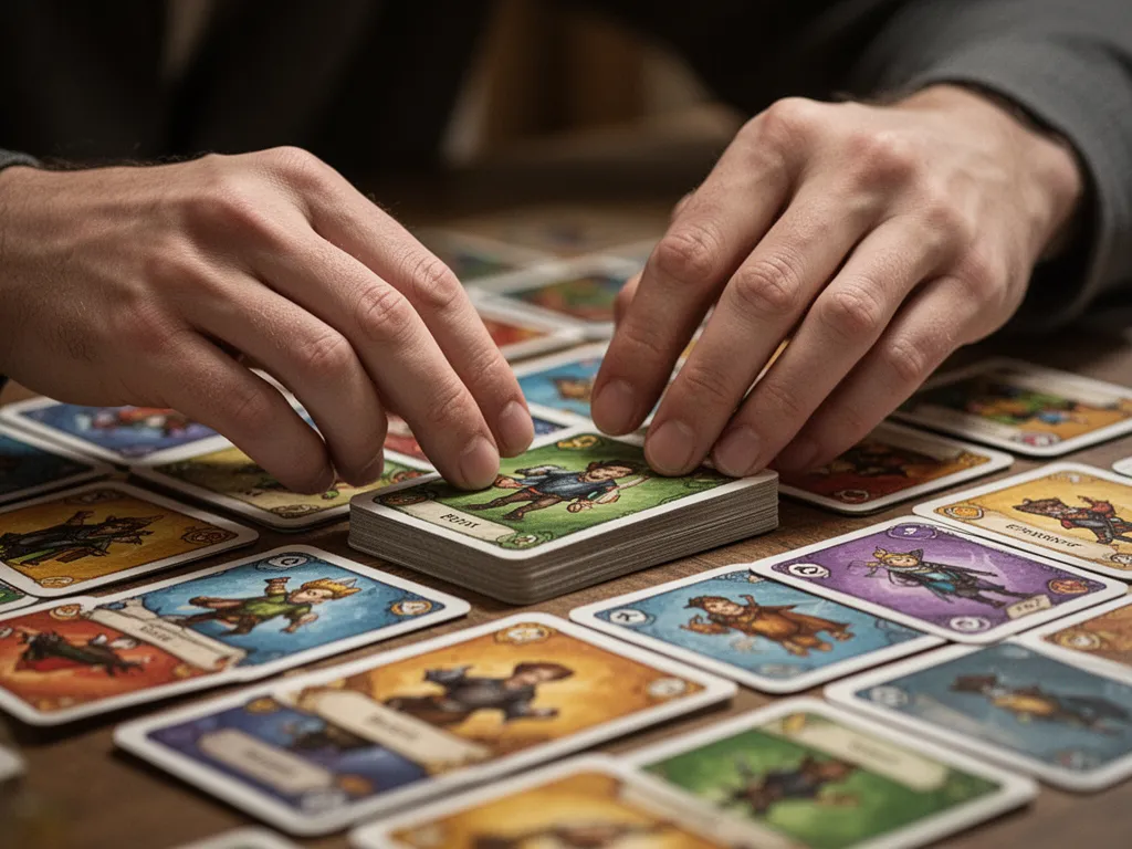 [Hands skillfully arranging vibrant game cards showing dedication and attention to detail]