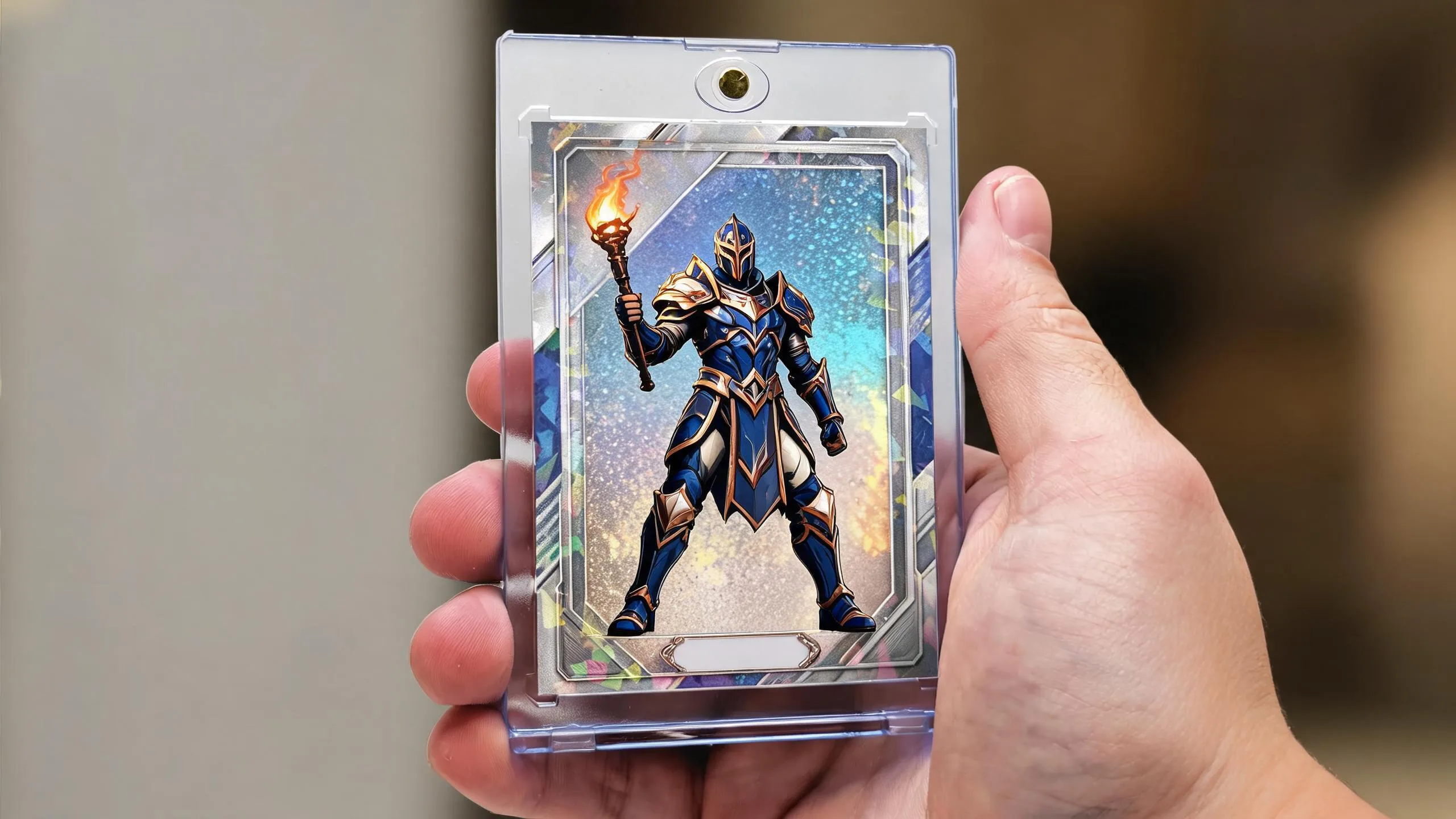 Hand holds magic the gathering proxy maker card in magnetic case, golden holographic warrior artwork.