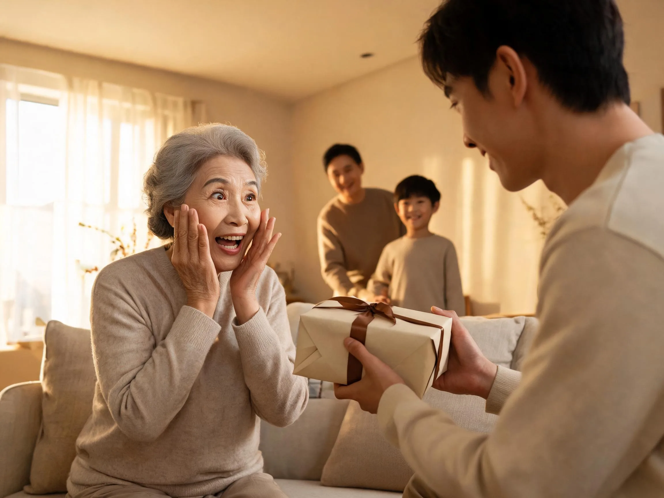 Older person reacts with joyful surprise while family member hands them an unexpected gift.