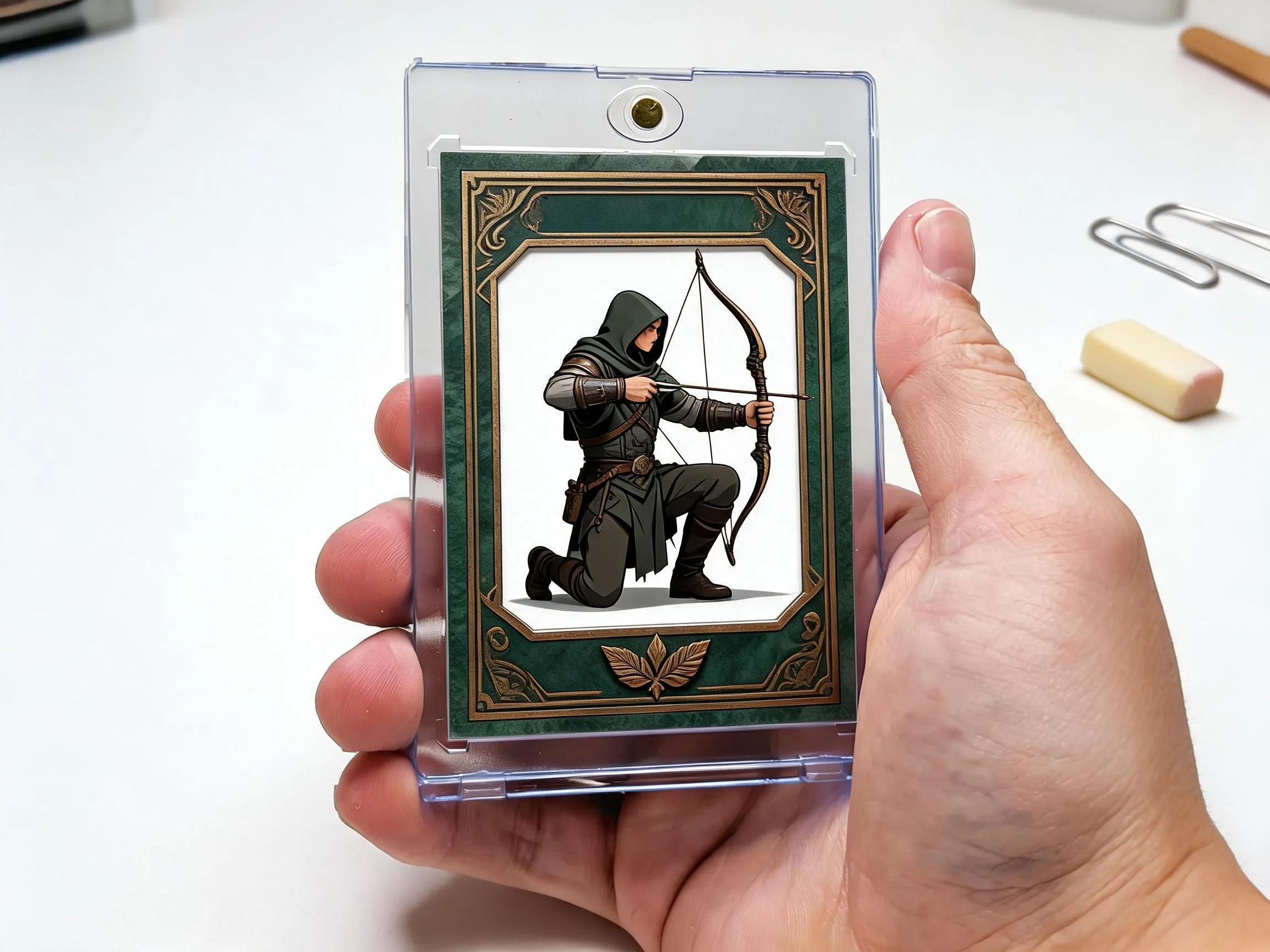 Custom keepsake trading card in magnetic case, framed archer illustration, sitting on white tabletop.