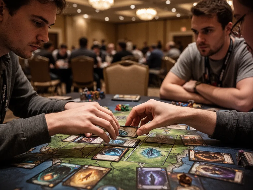 [Player's hands positioning spell card during strategic gameplay moment at tournament]