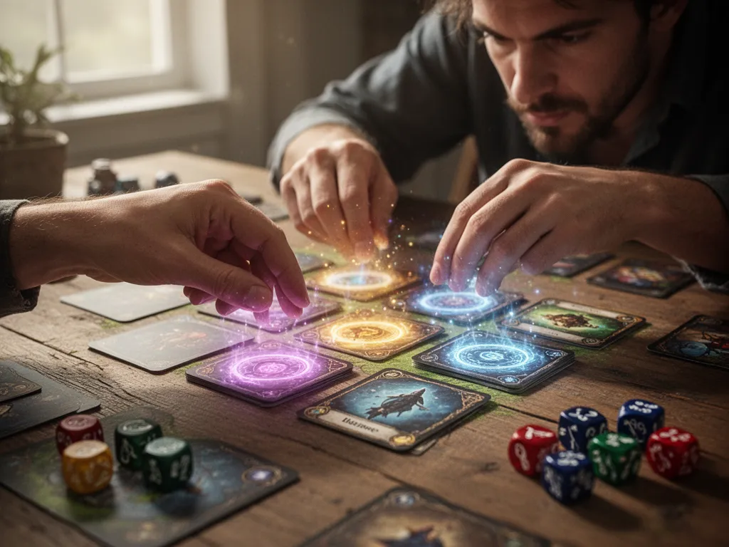 [Player's hands arranging colorful magical tokens with intense concentration and strategic focus]