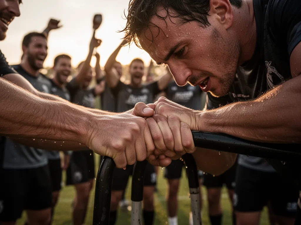Athlete's hands showing determination with celebrating teammates blurred in warm background light