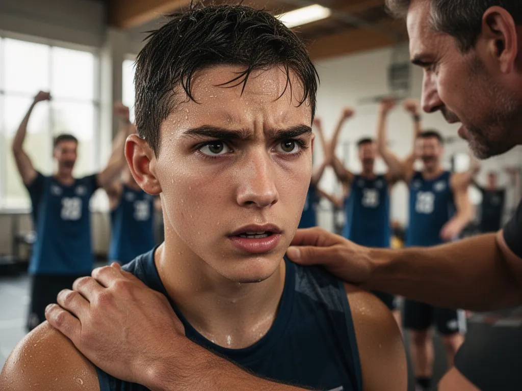 Coach mentoring young athlete with encouraging hand on shoulder during training session