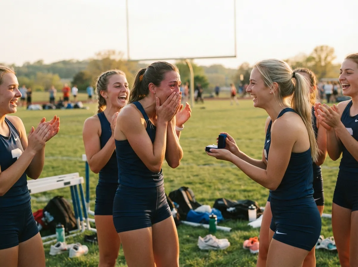 Athlete tearfully surprised by a gift from a teammate on a sunny sports field.