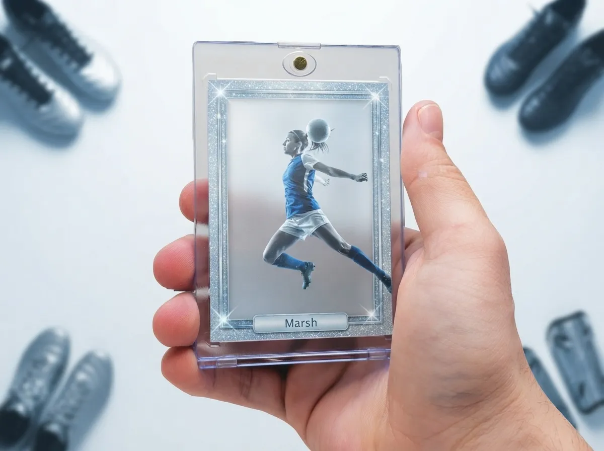 Custom sports trading card in magnetic case showing icy blue refractor soccer player design.