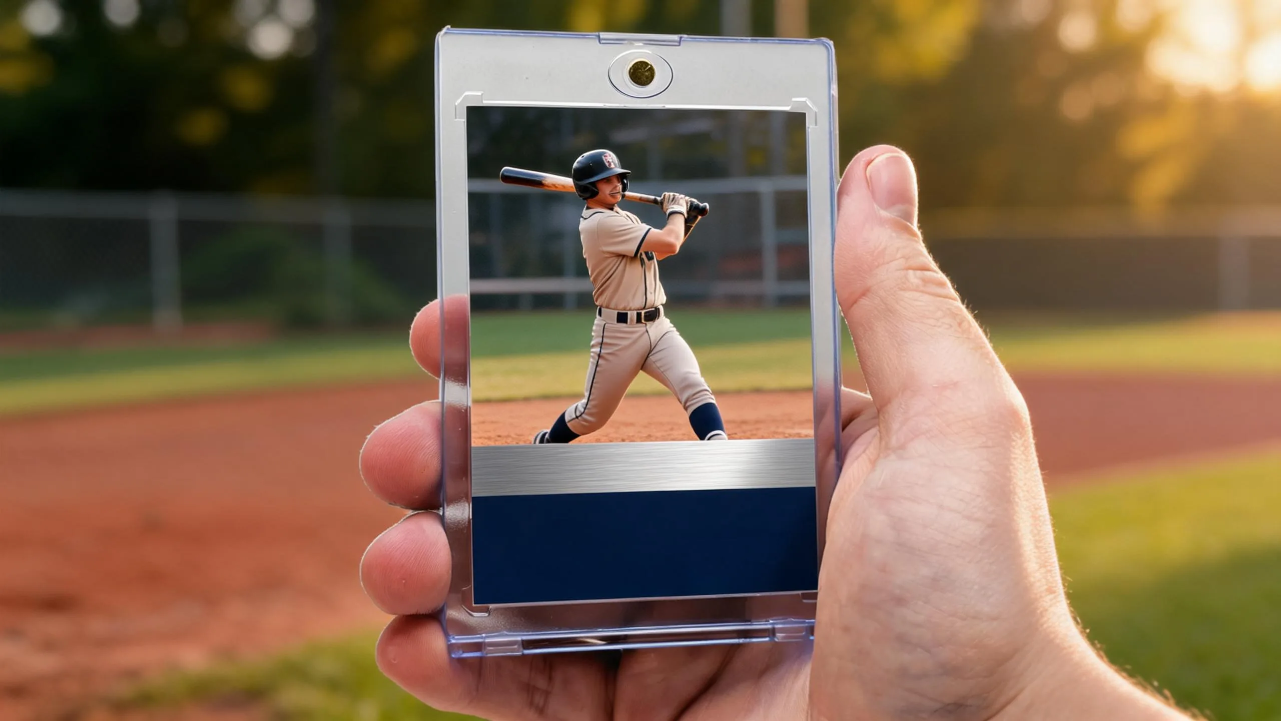 Hand holding magnetic case for make a baseball card of my son, batter mid-swing design