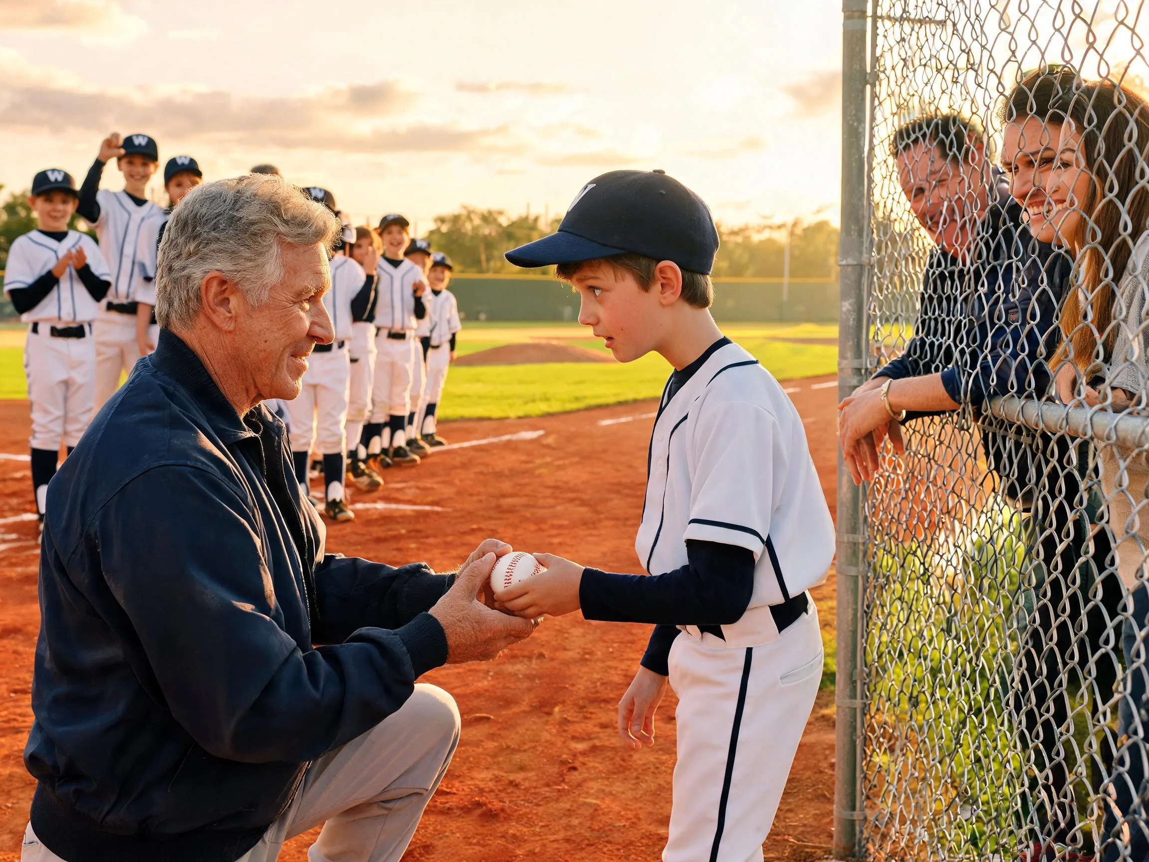 Coach and young athlete share proud moment on baseball diamond with team celebrating