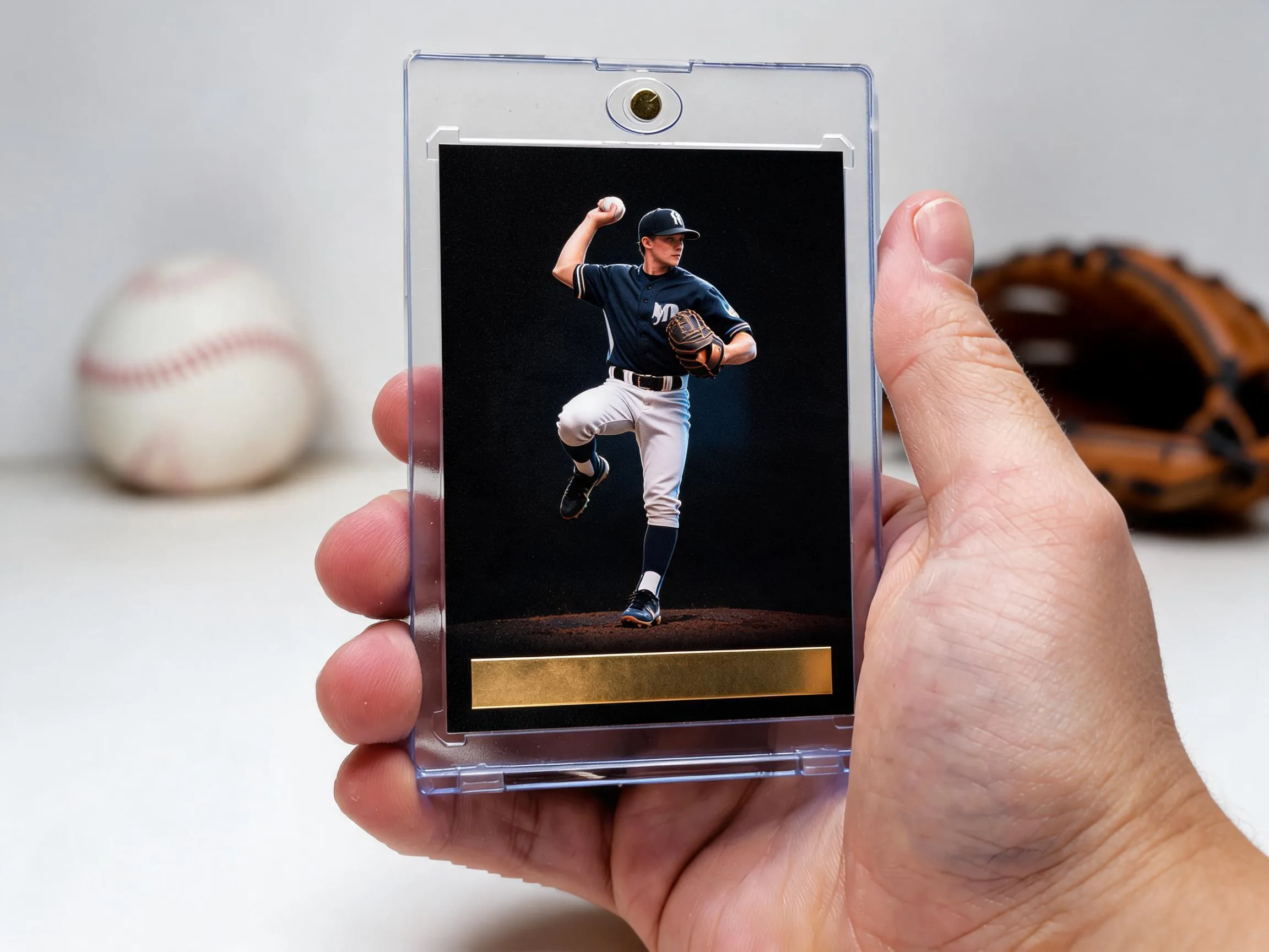 Custom baseball trading card in magnetic case showing pitcher mid-windup design