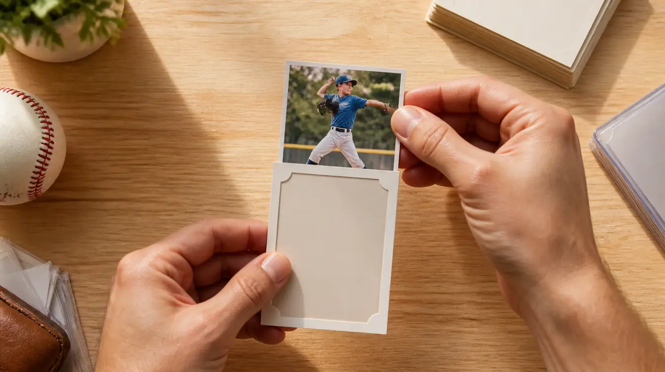 Hands placing a printed photo into a blank baseball card frame