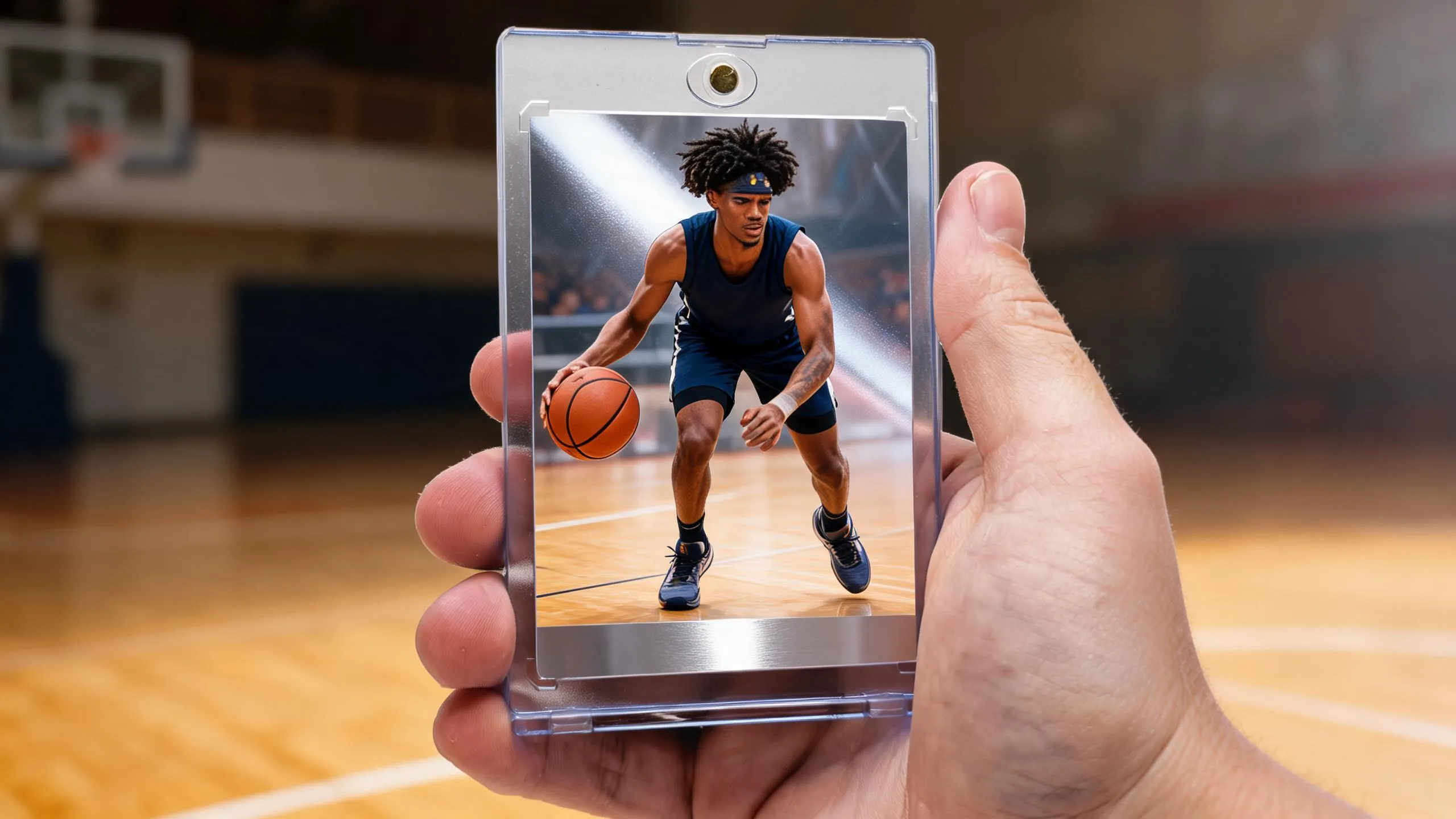 Hand holding a magnetic case with a custom basketball trading card, make a basketball card design.