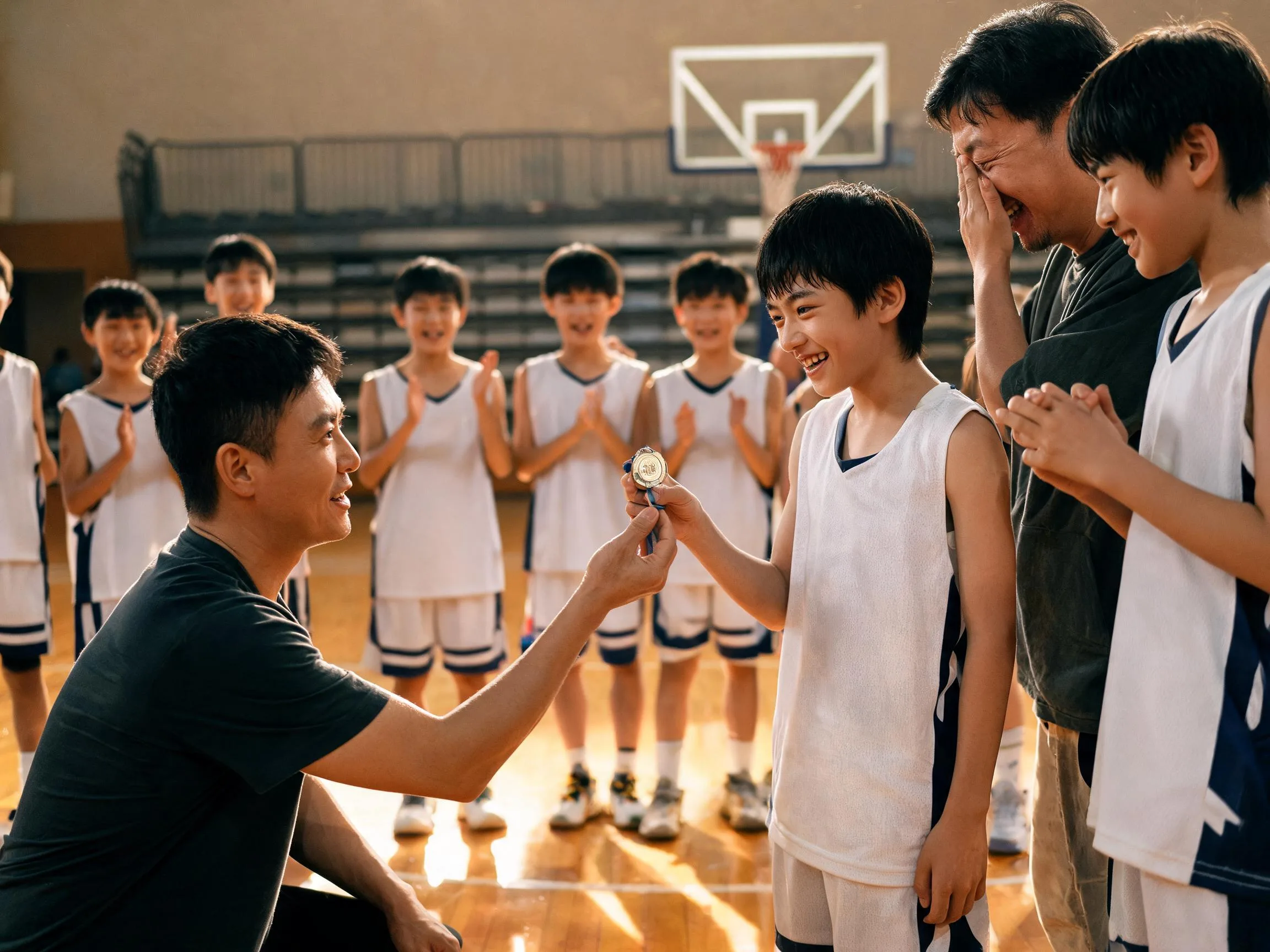 Coach and young athlete share proud emotional moment in sunlit gymnasium.