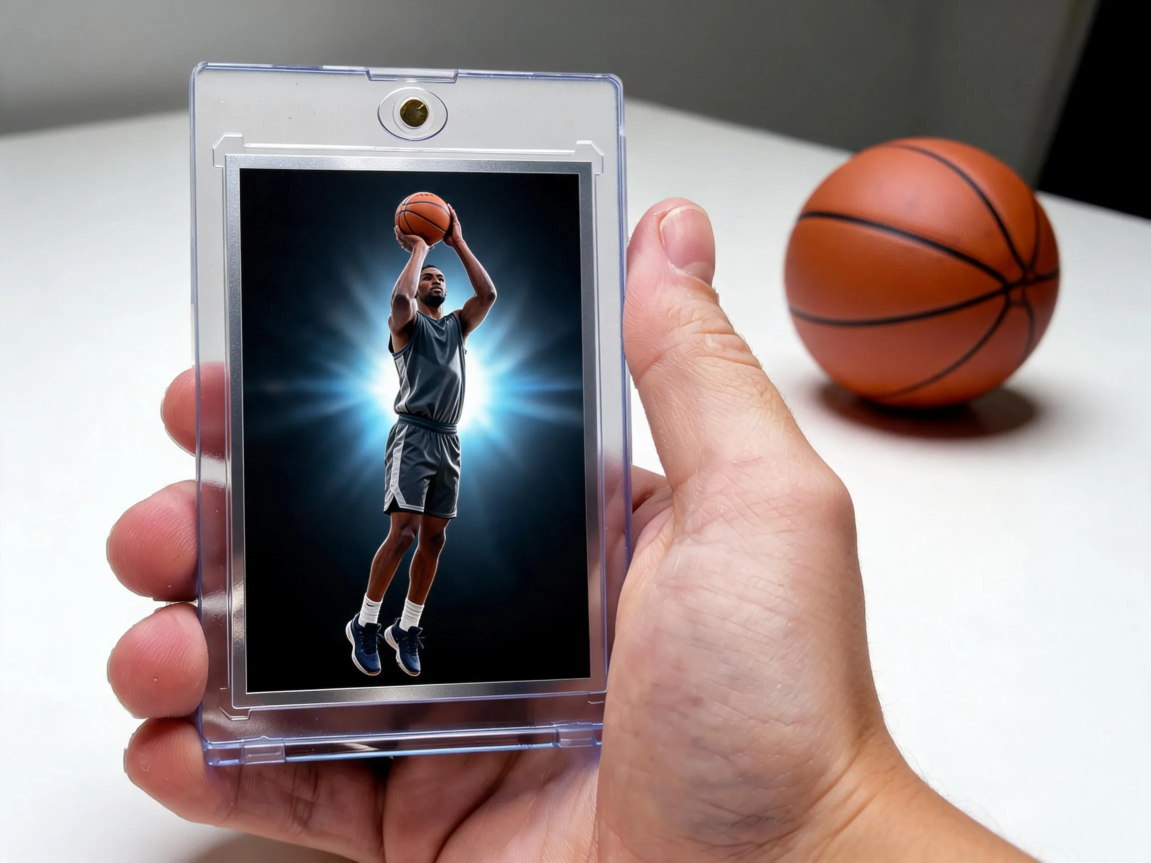 Custom basketball trading card in a clear magnetic case on white tabletop.