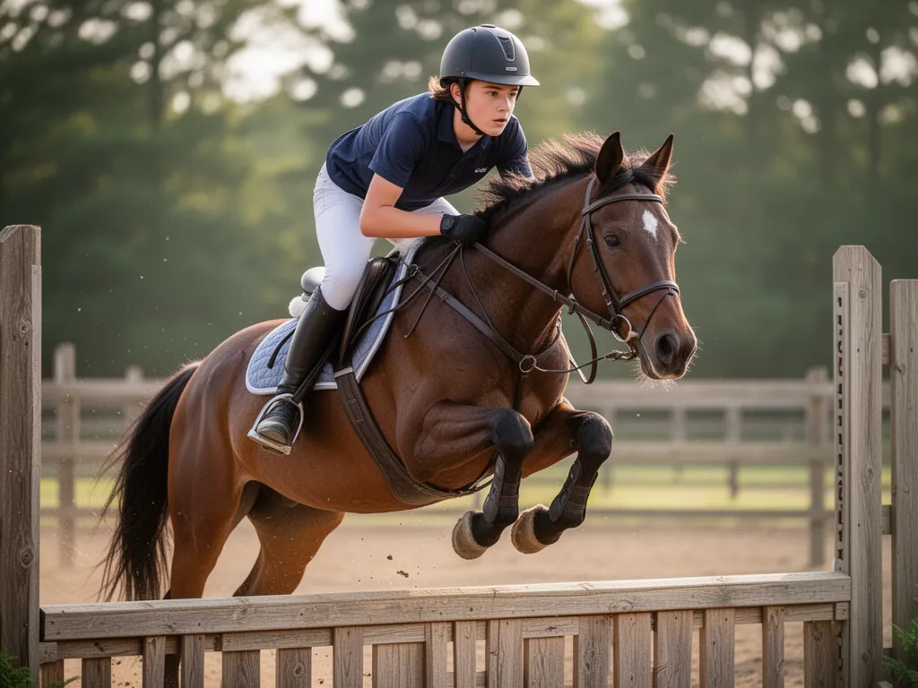 Young equestrian rider concentrating while jumping horse over wooden fence obstacle