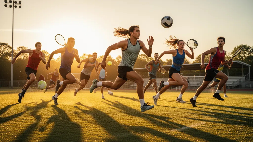 Athletes in motion competing outdoors during golden hour with dynamic natural lighting and energy